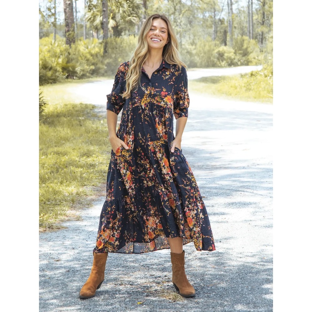 Natural Life Rebecca Midi Dress Navy Red Bouquets Floral Large L Pockets Fall